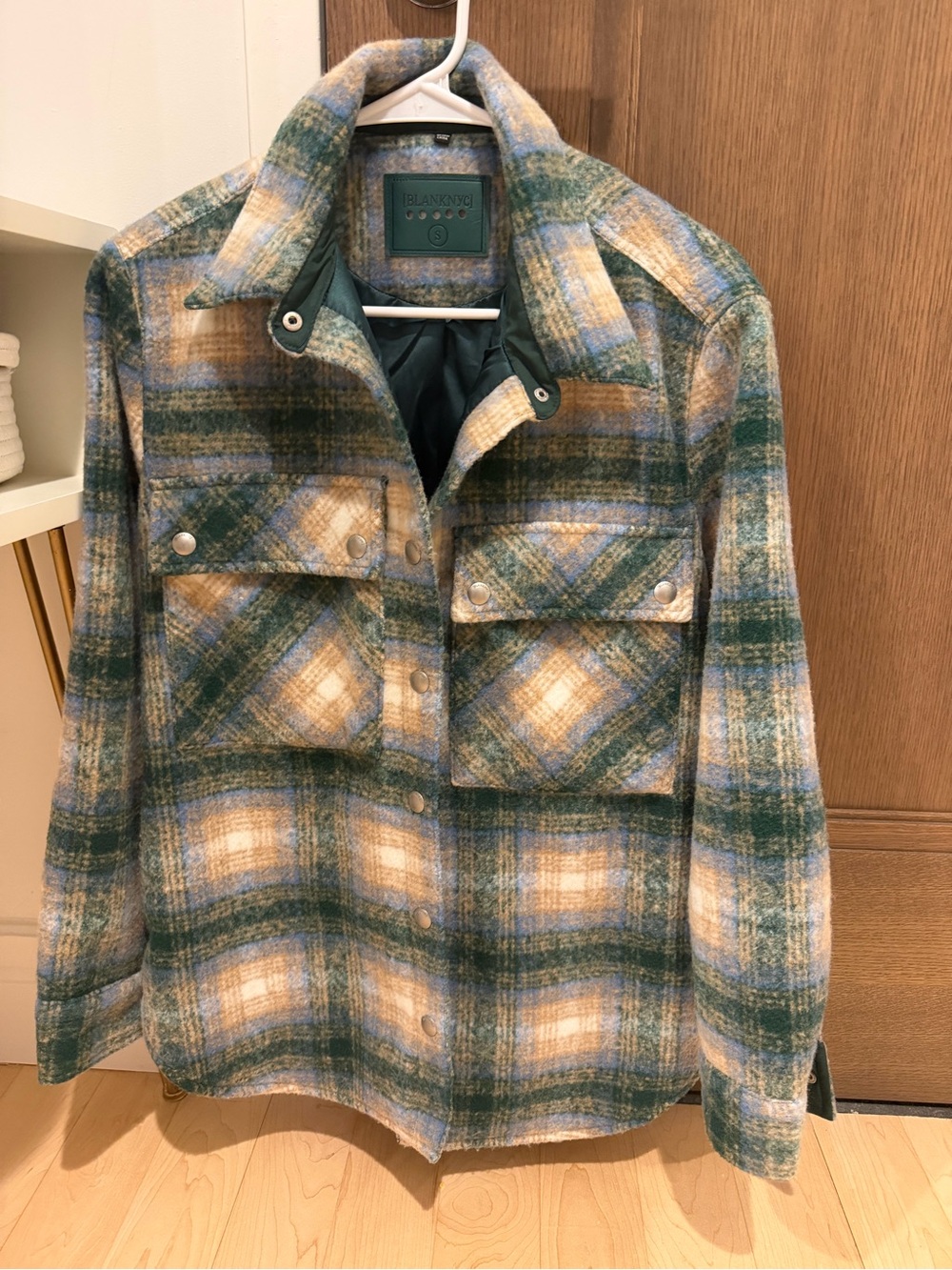 Blank NYC Green and Cream Plaid Teddy Shacket